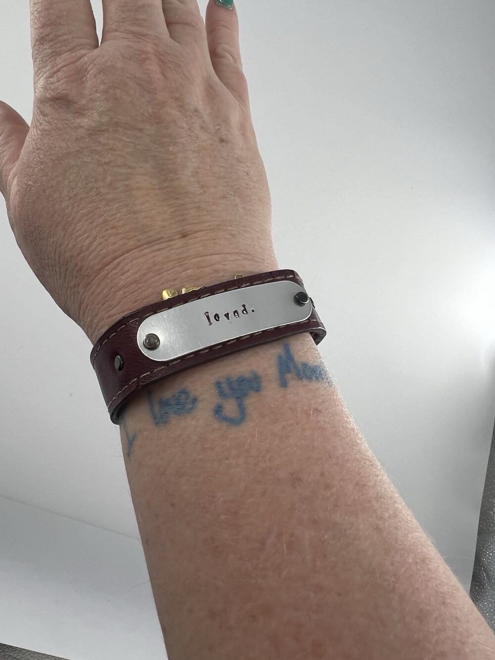 Hnadmade Red Leather Bracelet "Loved" Silver Plate Boho Goth Snap Bohemian Cuff